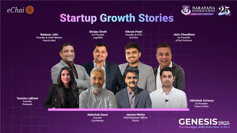 Poster of Startup Growth Stories featuring founders and business leaders speaking at Narayana Business School’s Genesis 2025 entrepreneurship event.